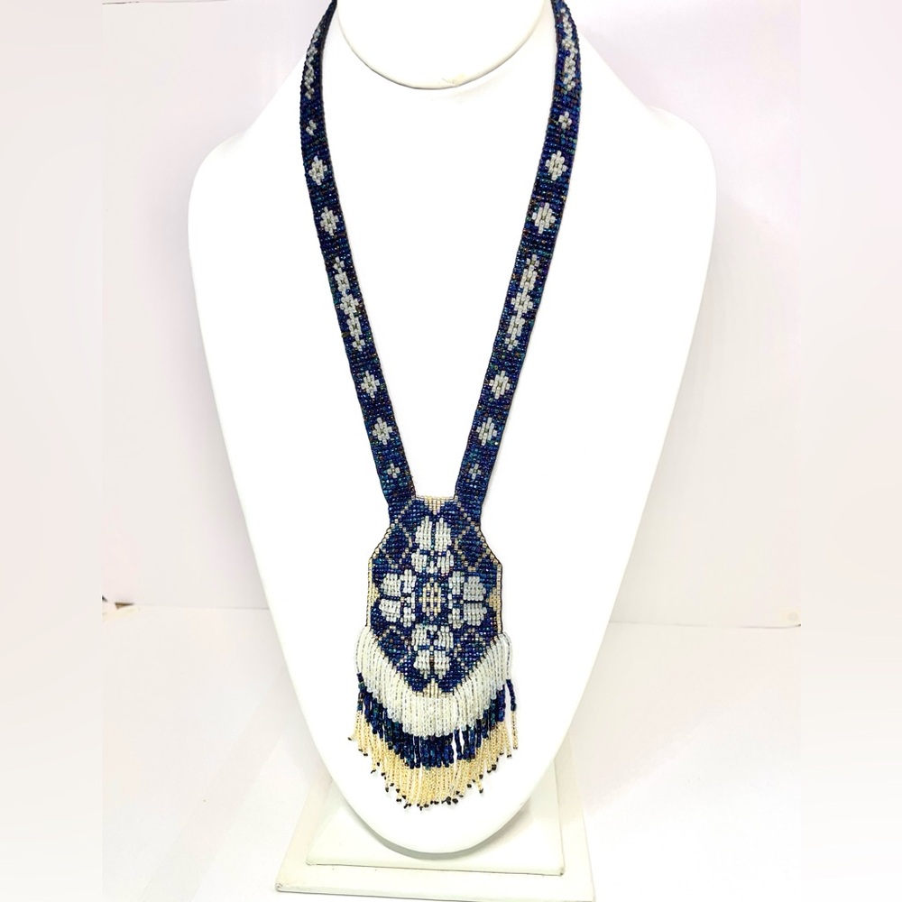 Vintage Native American Necklace Hand Made Glass Beads Flapper Style Blue Fringe